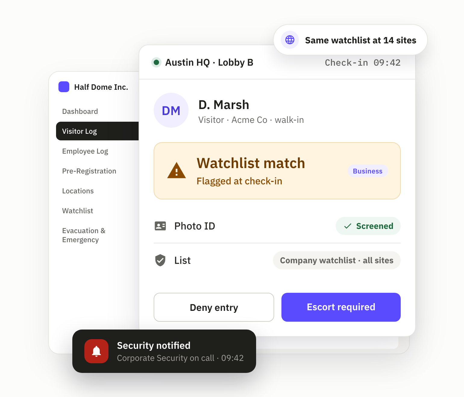 Watchlist match flagged at a lobby check-in, with deny-entry and escort options and security notified