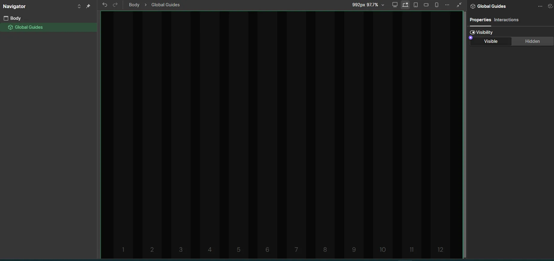 Dark interface screen showing a grid with vertical columns numbered 1 to 12 and menu panels on sides.