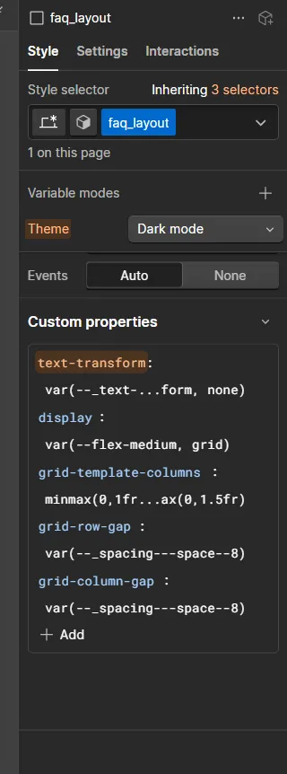 CSS style panel showing faq_layout with dark mode theme, variable modes, and custom grid properties settings.