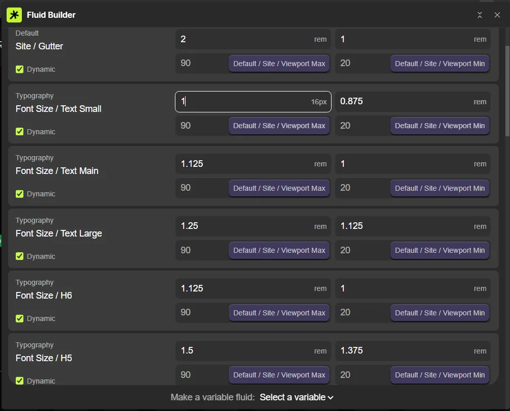 Fluid Builder interface showing editable dynamic font sizes and site/gutter settings in rem units.