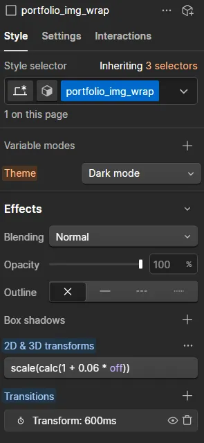 Web design panel showing style settings for portfolio_img_wrap including theme, blending, opacity, and transform.