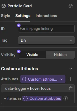 UI panel showing Portfolio Card settings for ID, Tag, Visibility, and custom data-trigger attribute.