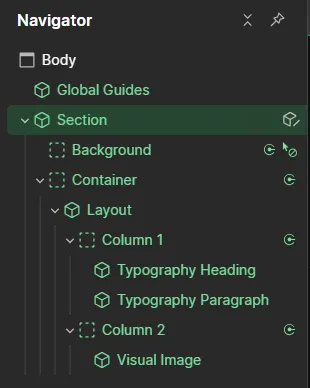 Navigator panel showing Body with Global Guides, Section, Container, Layout, two columns, and text elements.