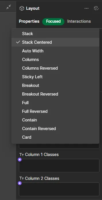 UI menu under Layout showing stack options with Stack Centered selected and two class input fields below.