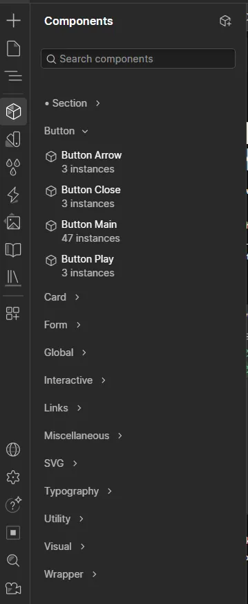 Sidebar panel showing a components list with categories and button instances in a design tool interface.