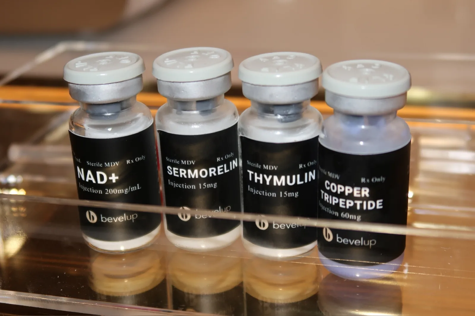 Injectable peptide vials for wellness treatments at BevelUp Tampa