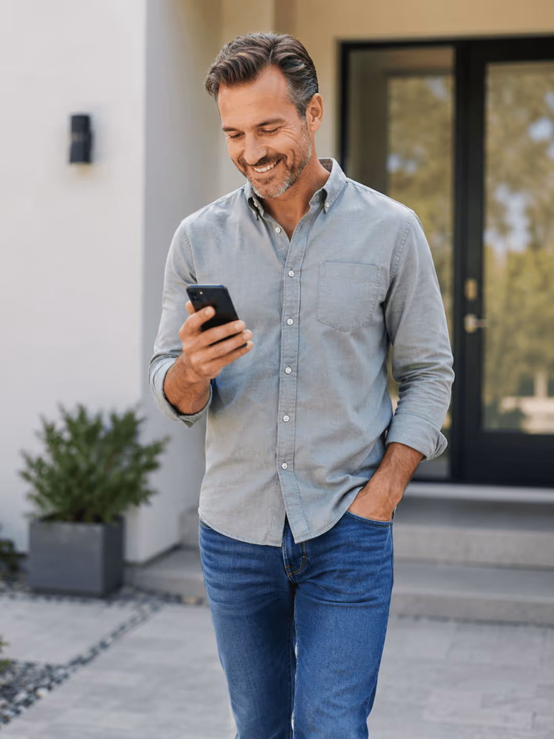 Ein Mann der auf sein Handy schaut