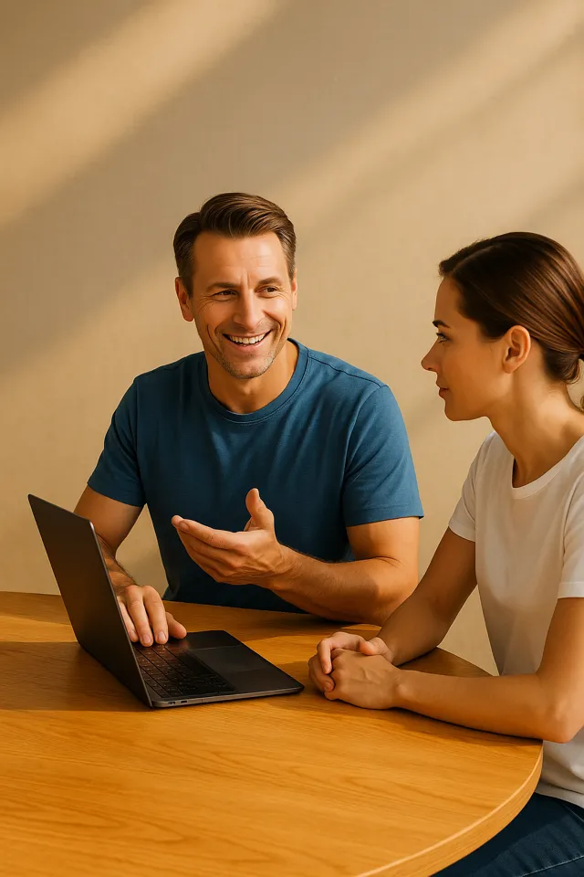 Man in blue shirt talking and gesturing while using a laptop, with a woman in a white shirt listening attentively at a wooden table.