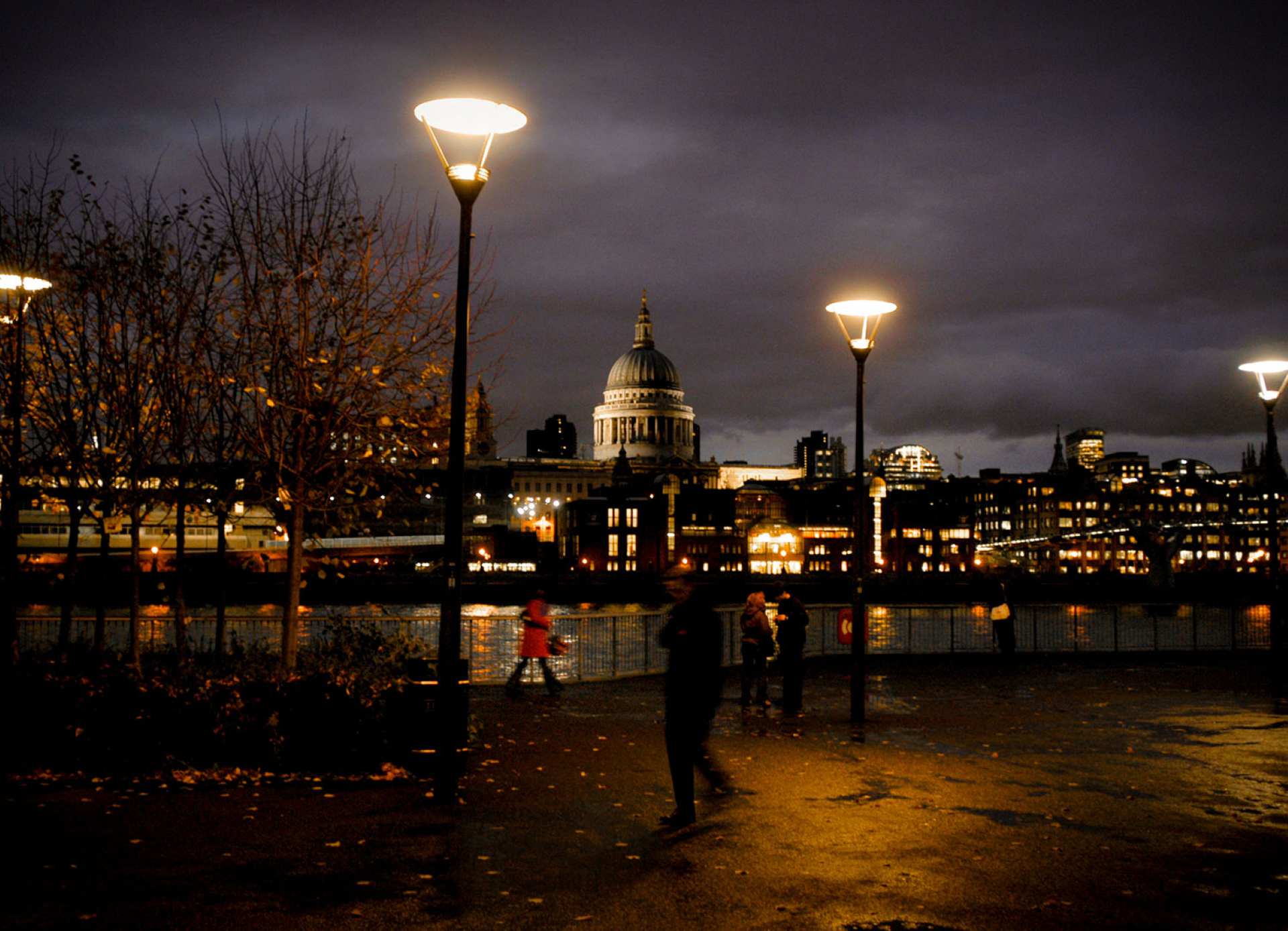 St Paul's Cathedral seen across the Thames at dusk from the South Bank riverside walk