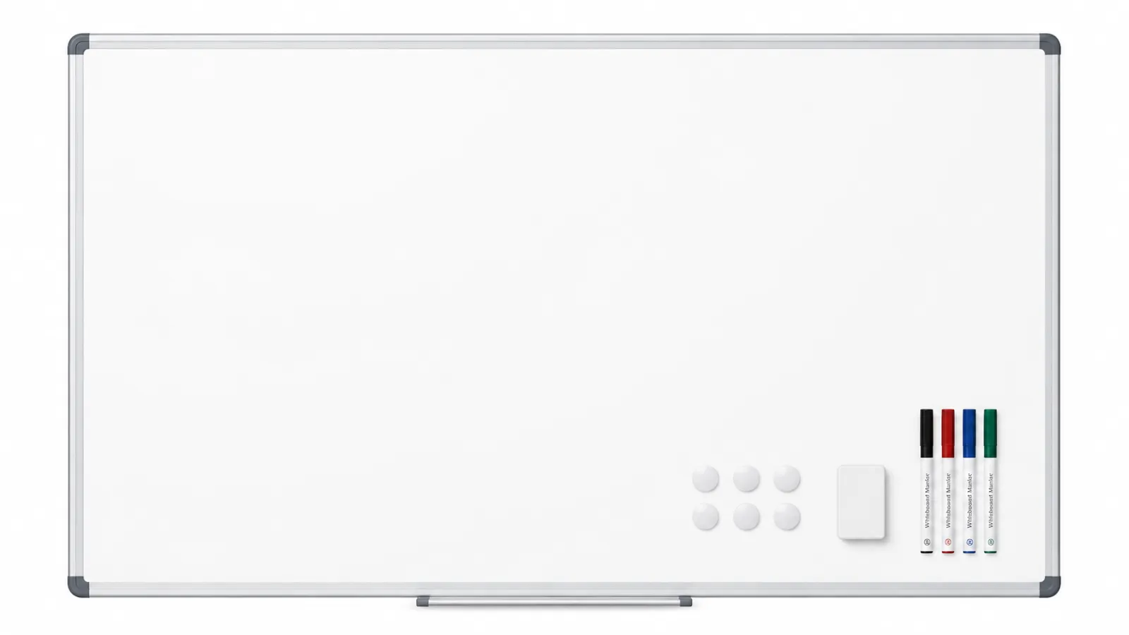 Leeres Whiteboard mit vier farbigen Markern, sechs Magneten und einem Radiergummi.