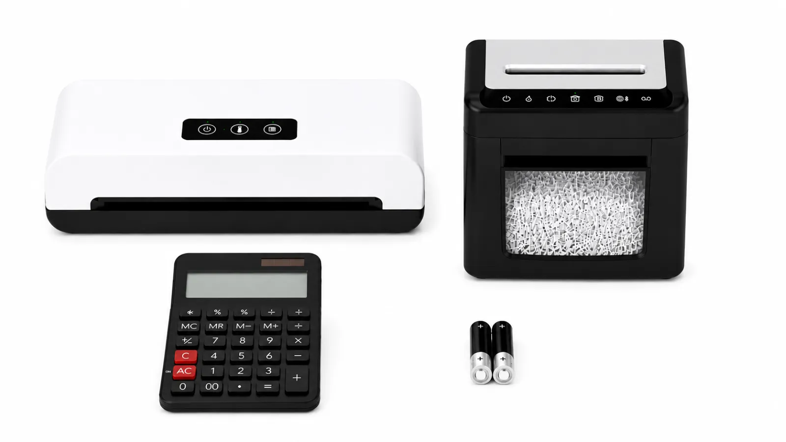 Bürogeräte: weißer Laminator, schwarzer Aktenvernichter mit Papierstreifen, Taschenrechner und zwei Batterien.