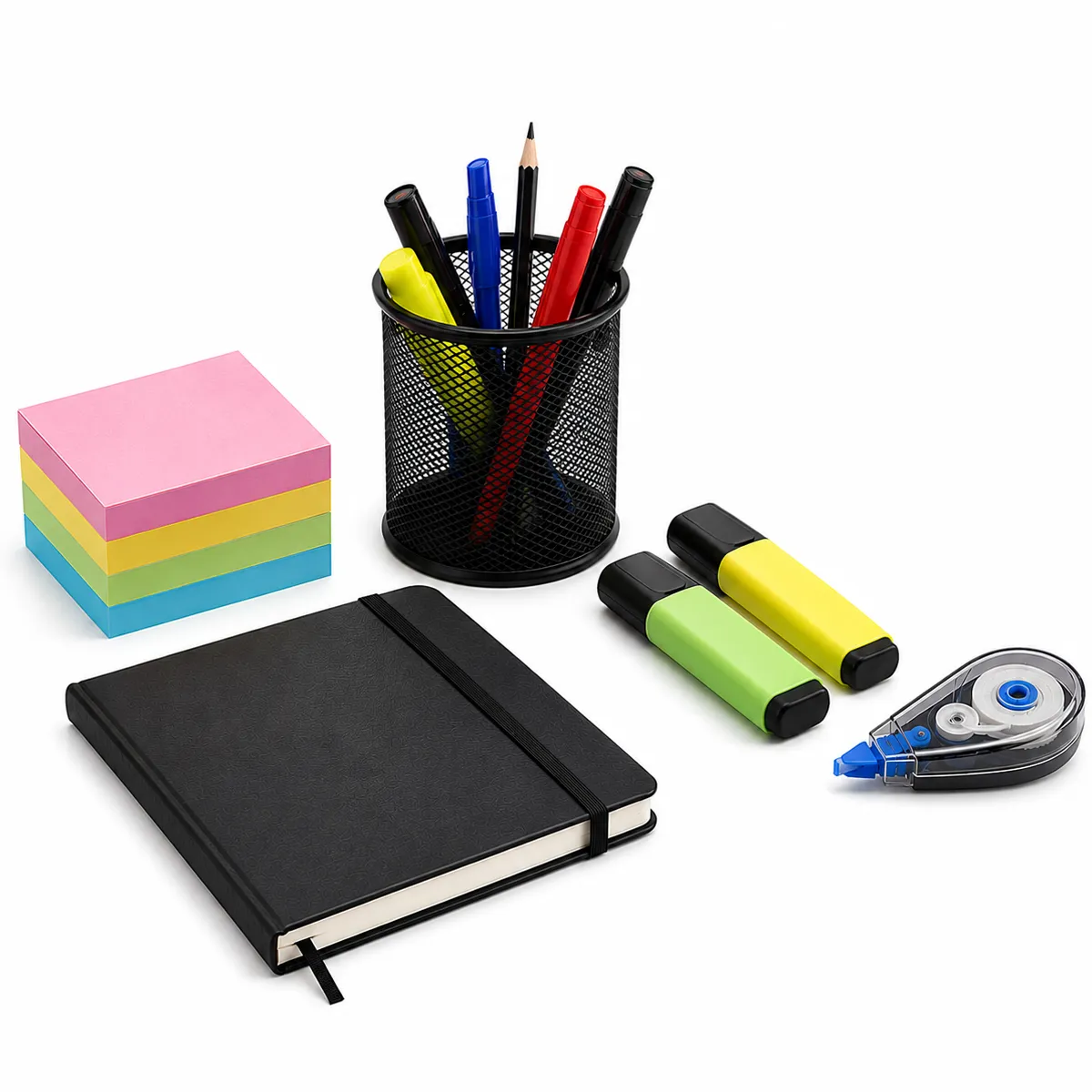 Schreibtisch-Set mit Notizbuch, farbigen Haftnotizen, Textmarkern, Stiften und Korrekturroller.