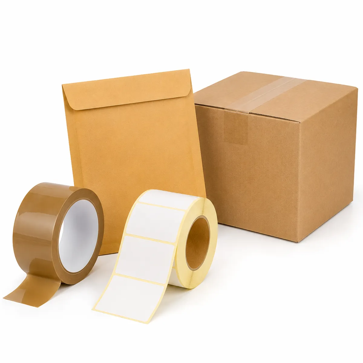 Versandverpackungen mit braunem Karton, braunem Paketklebeband, weißem Etikettenklebeband und braunem Umschlag.