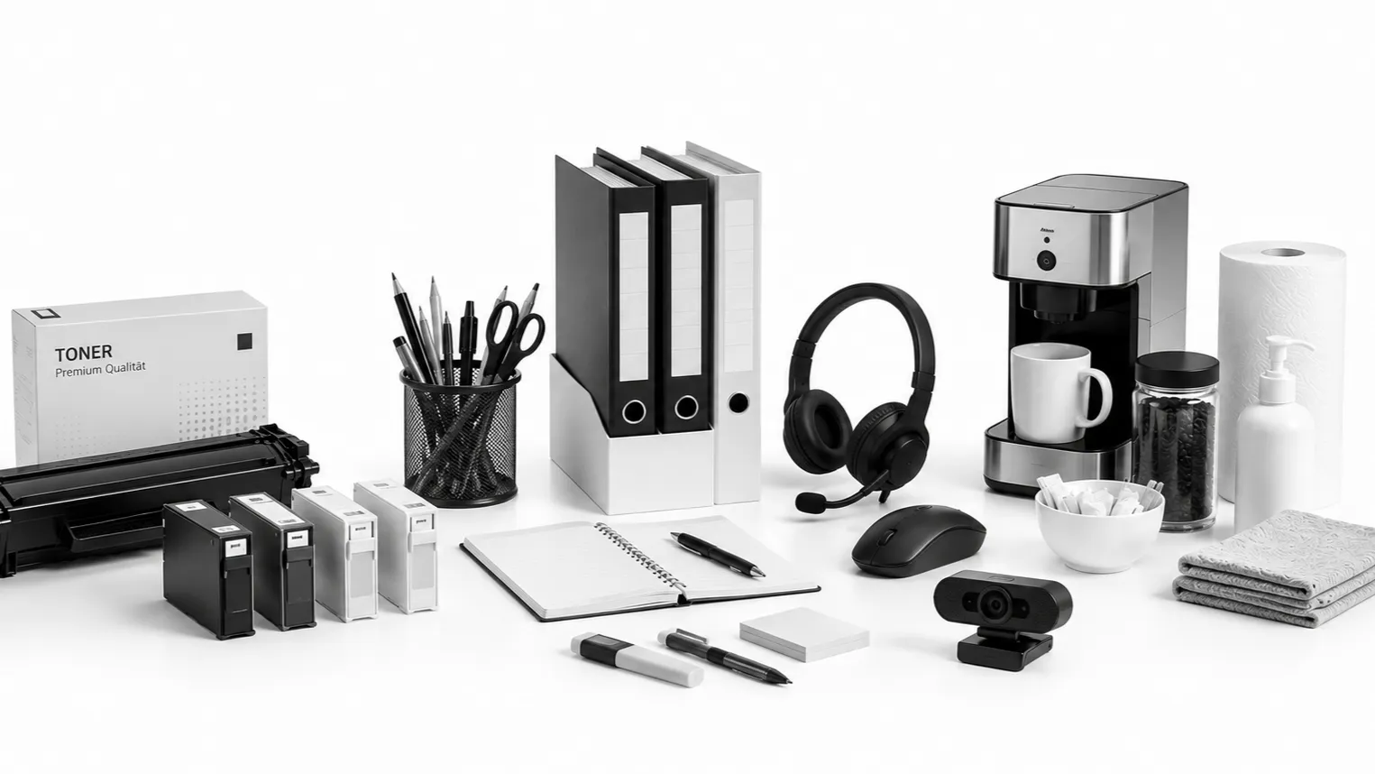 Verschiedene Büroartikel, darunter Toner, Stifte, Ordner, Kopfhörer, Kaffeepadmaschine, Maus, Webcam und Küchenutensilien.