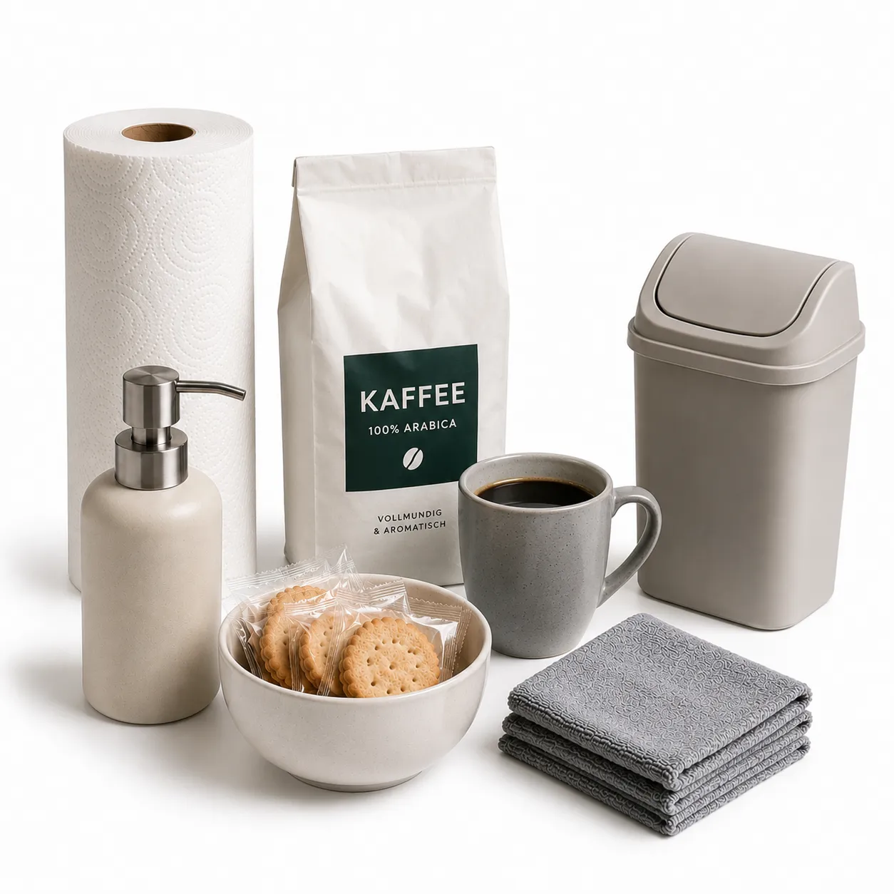 Kaffeetasse, Kaffeepaket, Kekse in Schale, Papiertücher, Seifenspender, graue Tücher und kleiner Mülleimer.