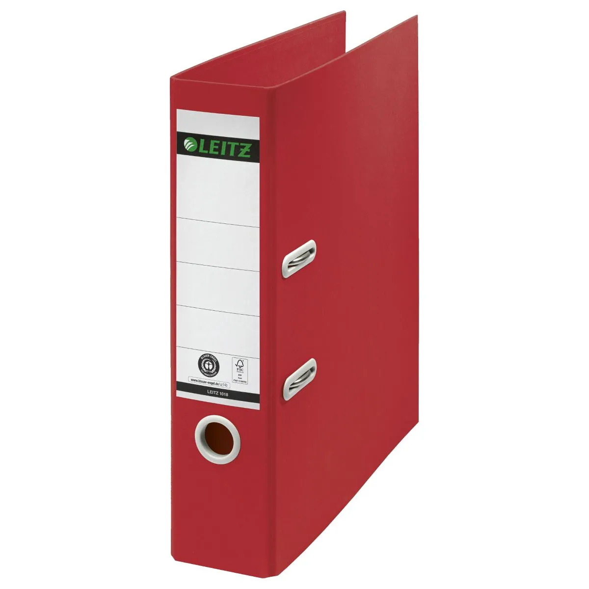 Roter Leitz Ordner mit weißem Beschriftungsfeld und Metallgriffen für DIN A4 Papier.