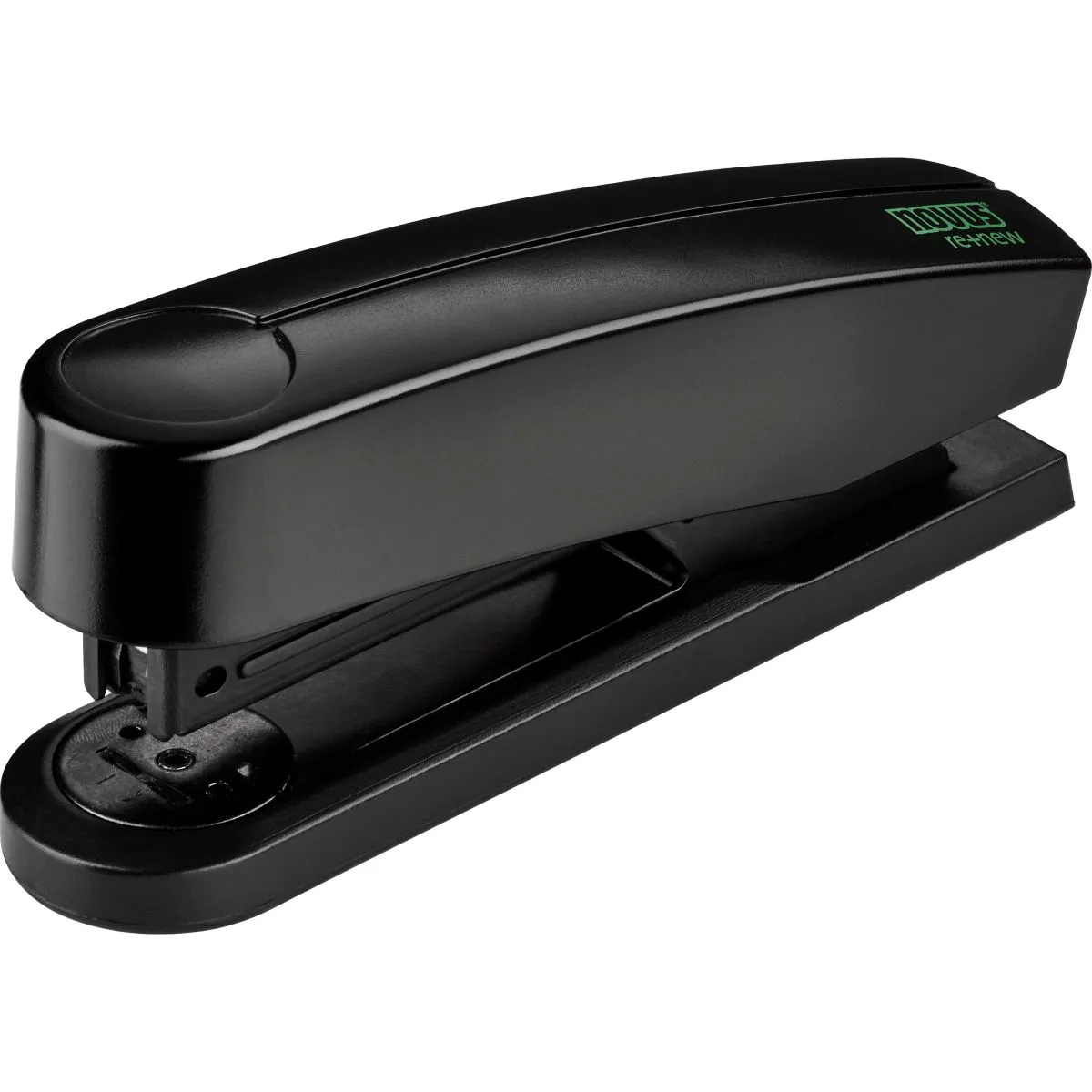 Schwarzer Heftgerät-Stapler aus Kunststoff mit grünem Novus re+new Logo.