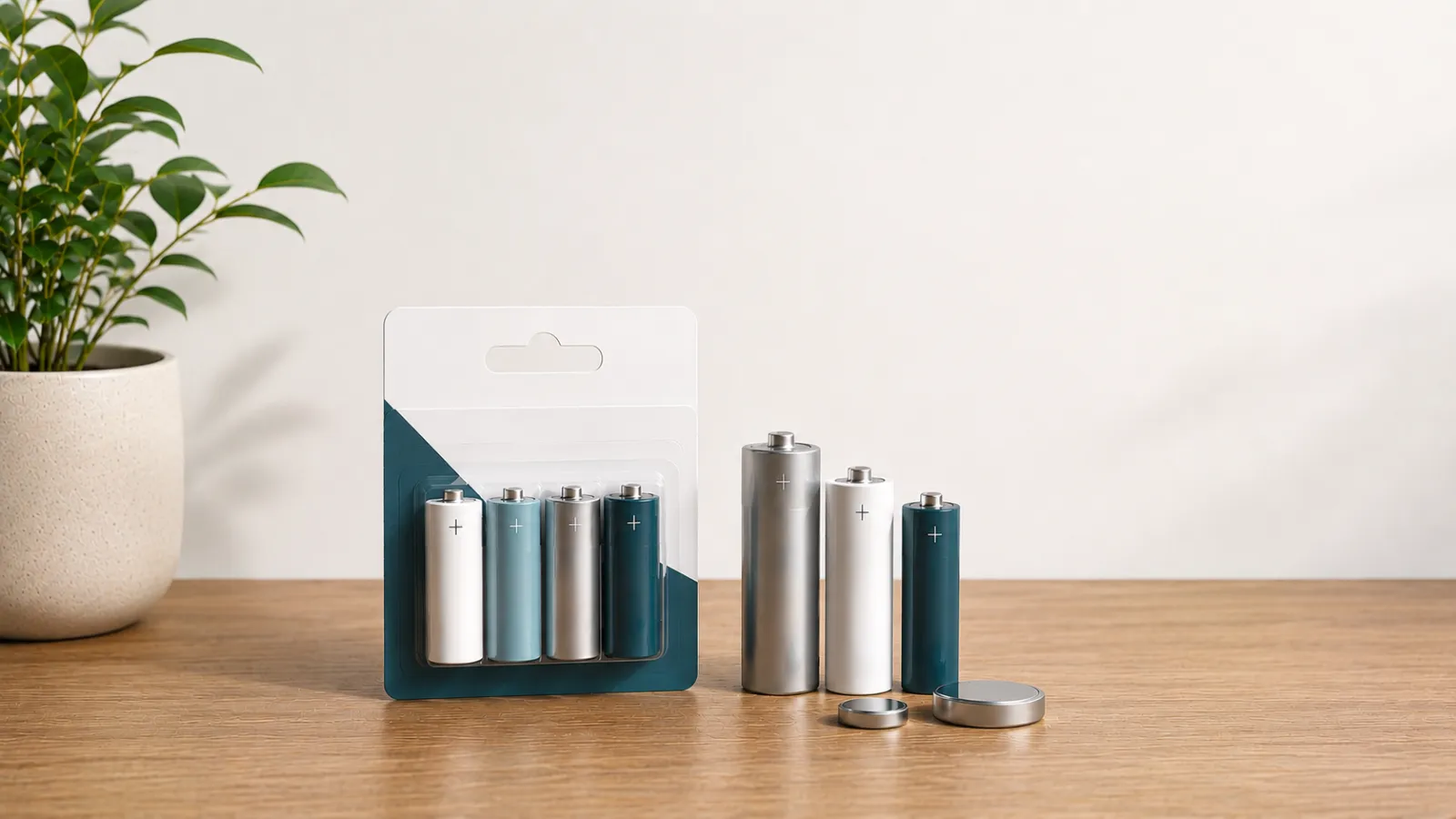 Verschiedene Batterietypen und -größen auf einem Holztisch neben einer Pflanze in einem weißen Topf.