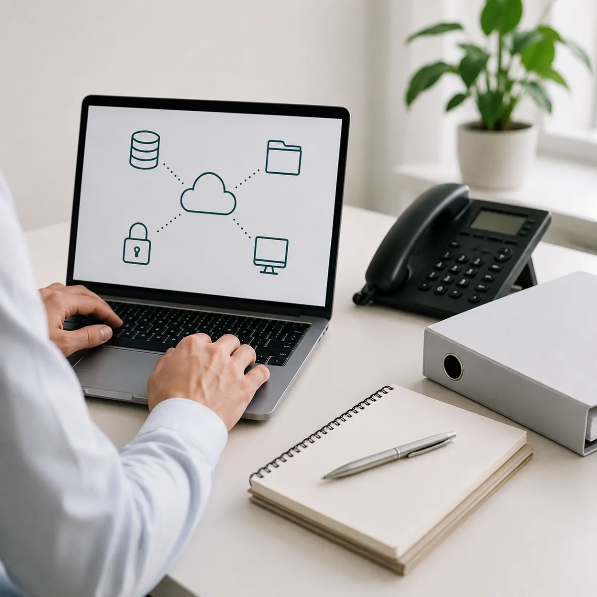 Person arbeitet an Laptop mit Cloud-Verbindungssymbolen, Telefon, Notizblock und Pflanze auf dem Schreibtisch.