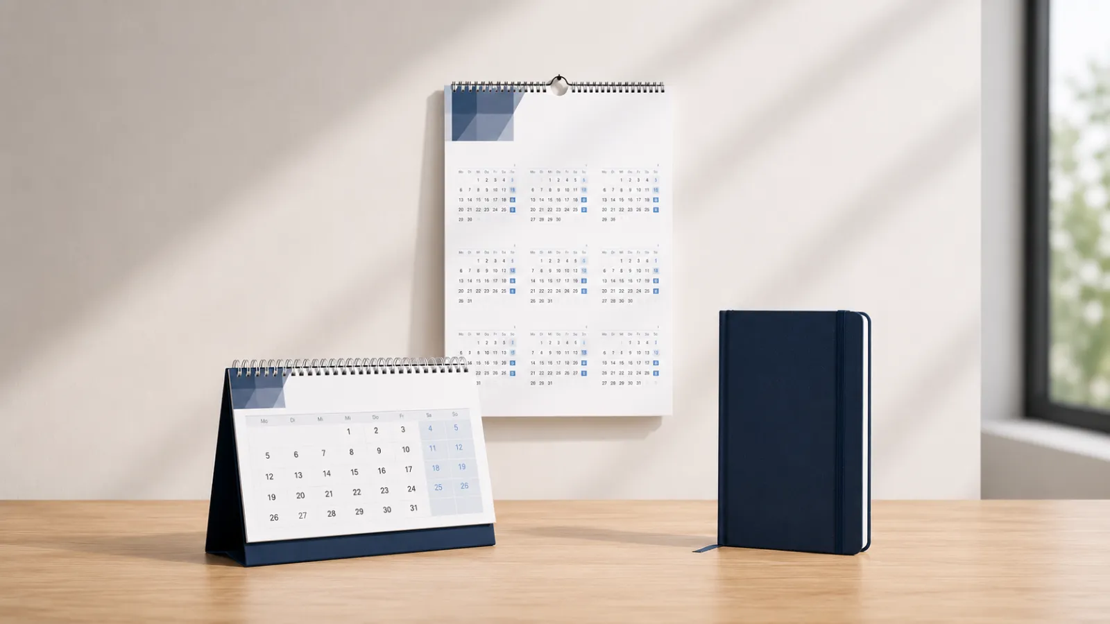Schreibtisch mit Tischkalender, Wandkalender und geschlossenem Notizbuch in Blau.