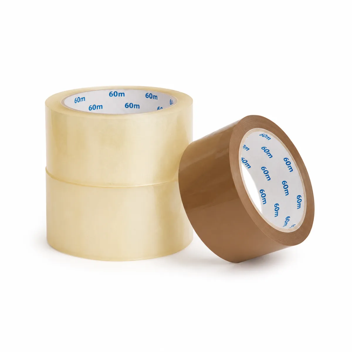 Drei Rollen Klebeband, zwei transparent und eine braun, jeweils 60 Meter lang.