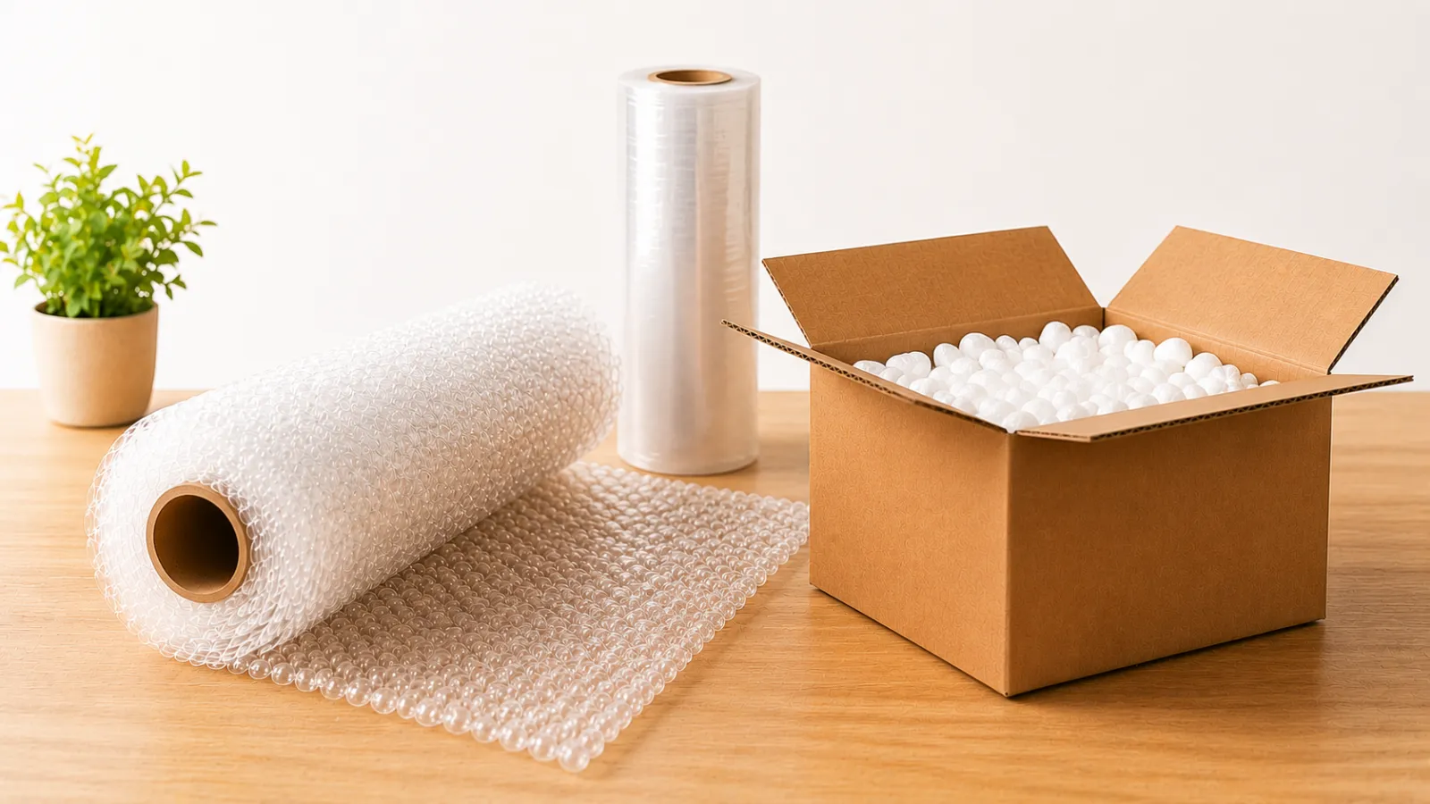 Versandmaterialien: Luftpolsterfolie, Stretchfolie und eine Kiste mit Packchips auf einem Holztisch.