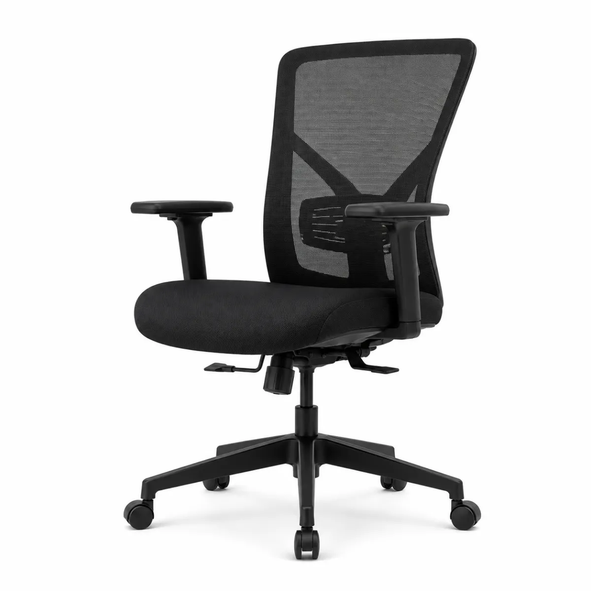 Schwarzer ergonomischer Bürostuhl mit Netzrücken, Armlehnen und Rollen.