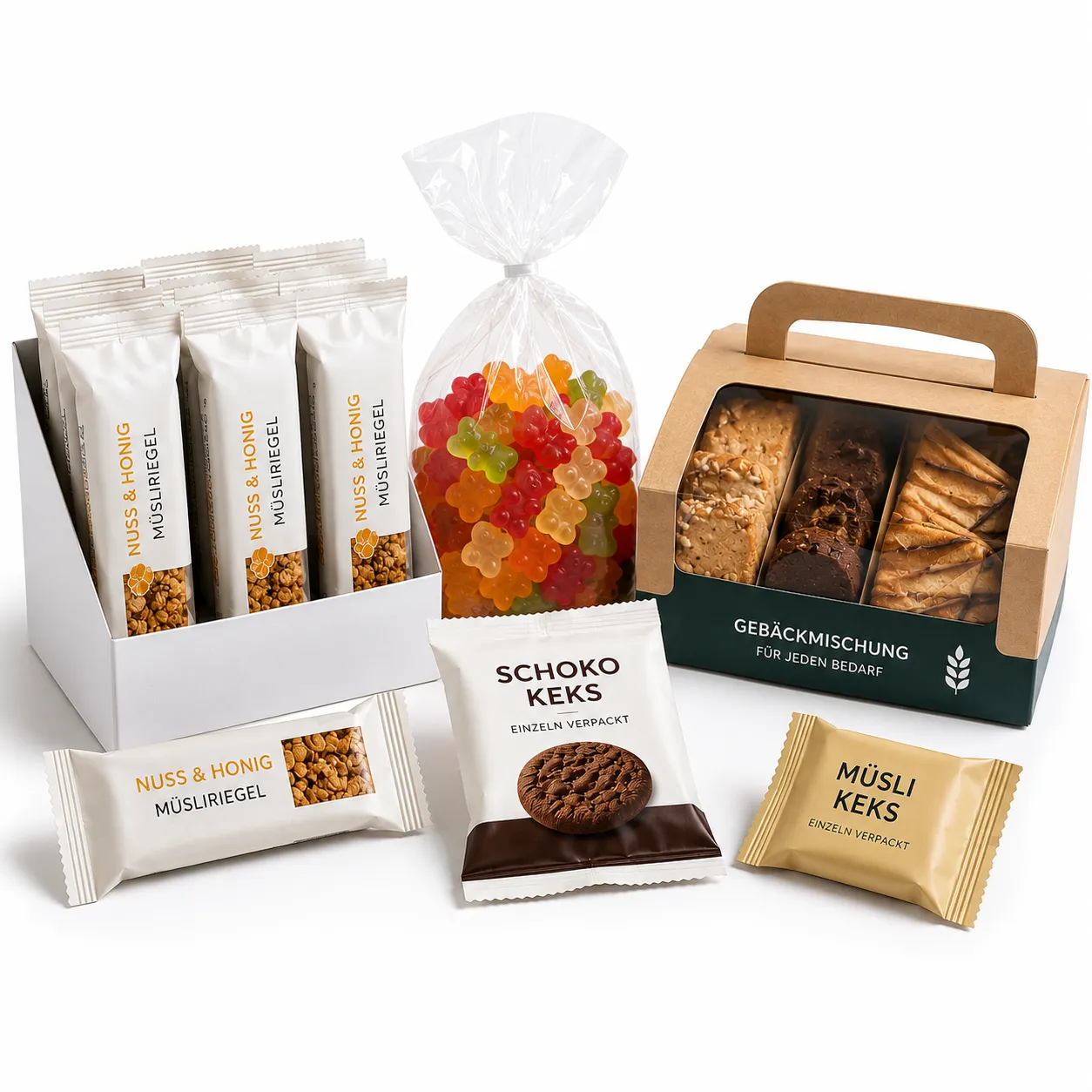Verschiedene Snacks: Müsliriegel, Fruchtgummis, Kekse und Gebäckmischung in Verpackungen.