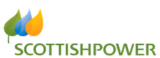 ScottishPower logo featuring stylized green leaf and blue and orange flames.