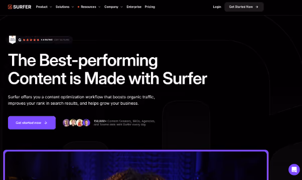 Surfer homepage promoting its content optimization workflow to boost SEO, with bold text and a CTA button