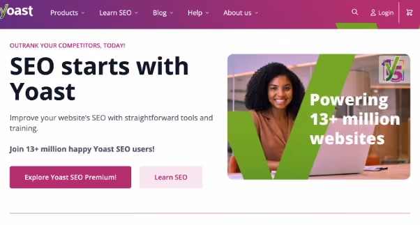Yoast SEO homepage highlighting its tools, training, and 13+ million users, with a smiling woman beside a laptop