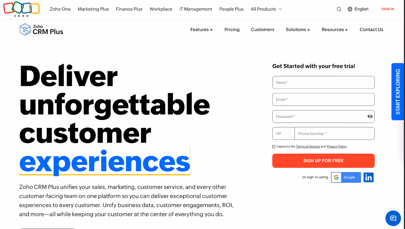 Zoho CRM Plus page highlighting how it manages customer relationships and increases sales
