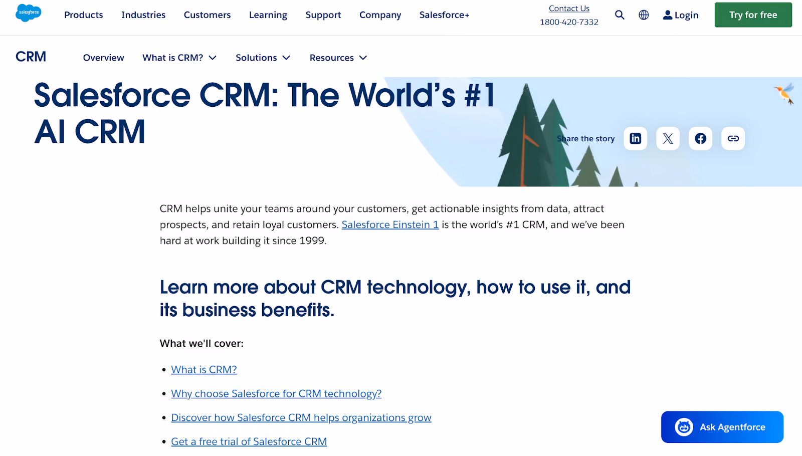 Salesforce CRM page highlighting AI-driven solutions, customer insights, and benefits of CRM technology for business growth.
