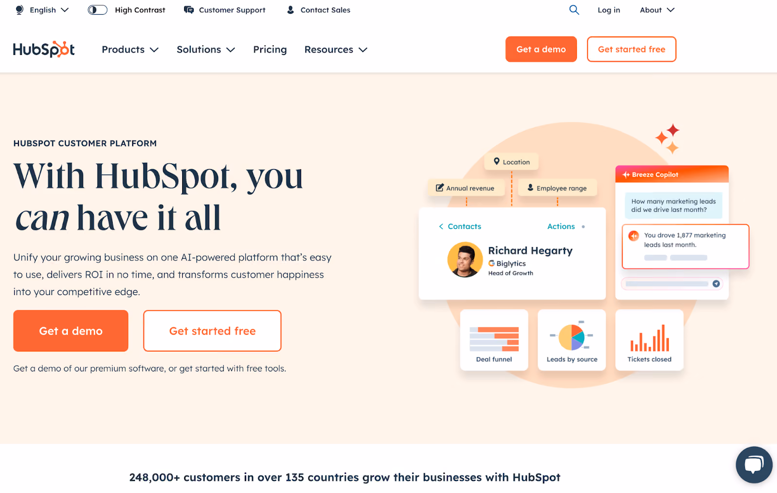 HubSpot homepage featuring its all-in-one CRM platform for marketing, sales, and customer service solutions