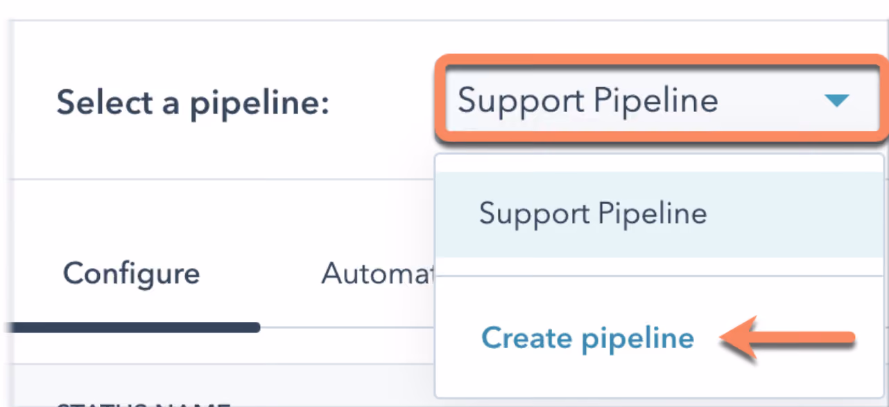 A dropdown menu in HubSpot CRM to create pipelines