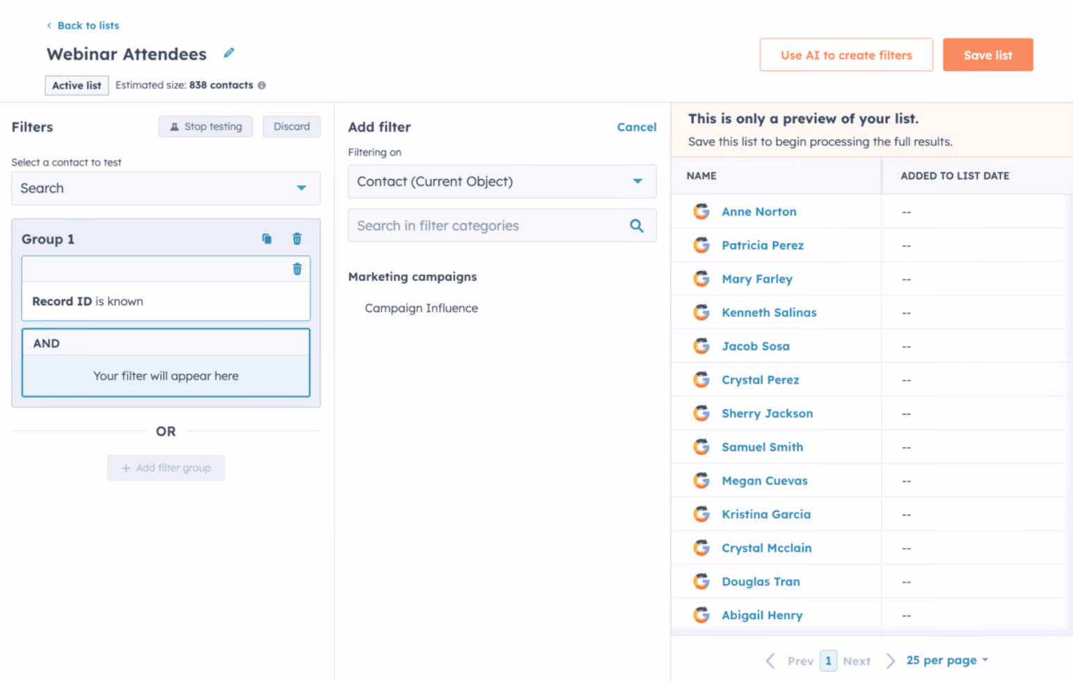 Contact list segmentation in the HubSpot CRM based on multiple criteria