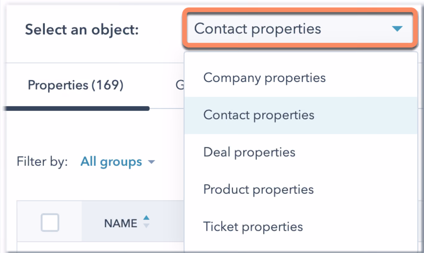 A dropdown menu in HubSpot CRM showing different property categories like Contact, Deal, Product, and Ticket properties