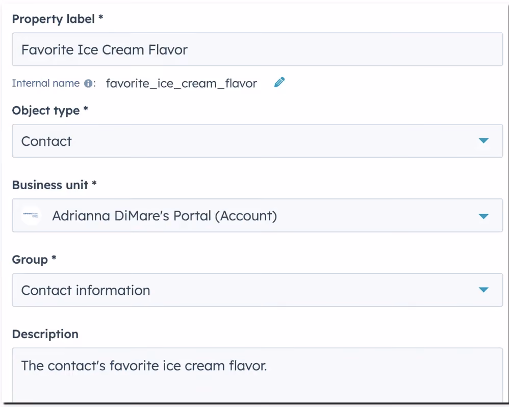 A HubSpot CRM property setup screen for "Favorite Ice Cream Flavor," categorized under Contact properties and Contact Information
