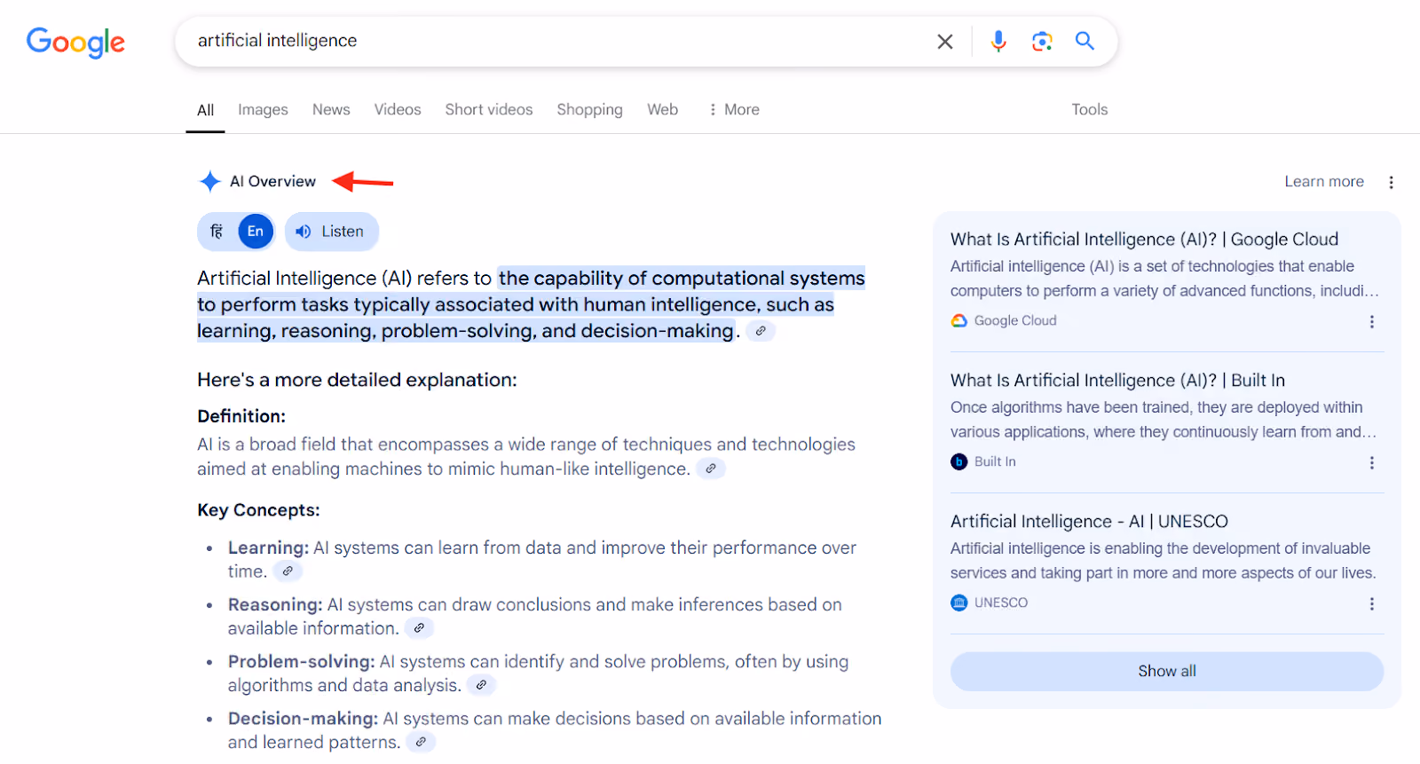 AI overview for artificial intelligence in Google search results