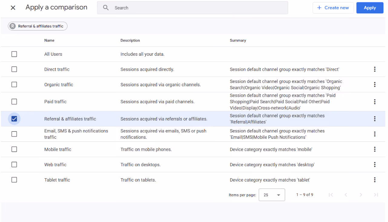 GA4 comparison selector with “Referral & affiliates traffic” checked, showing various session acquisition types