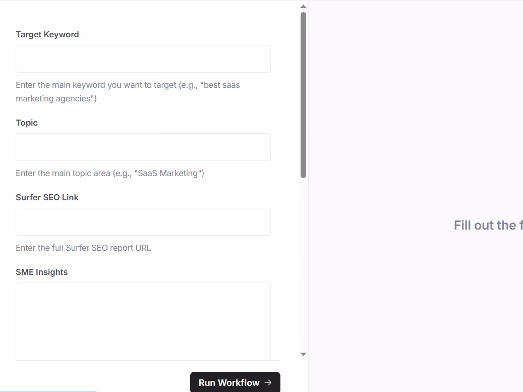 Image showing fields to input keyword, topic, and other details for generating a content brief