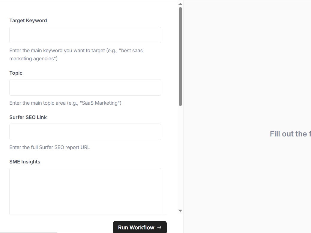 Image showing fields to input keyword, topic, and other details for generating a content brief