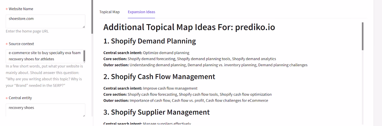 Image showing a list of additional content ideas categorized by search intent and topic structure
