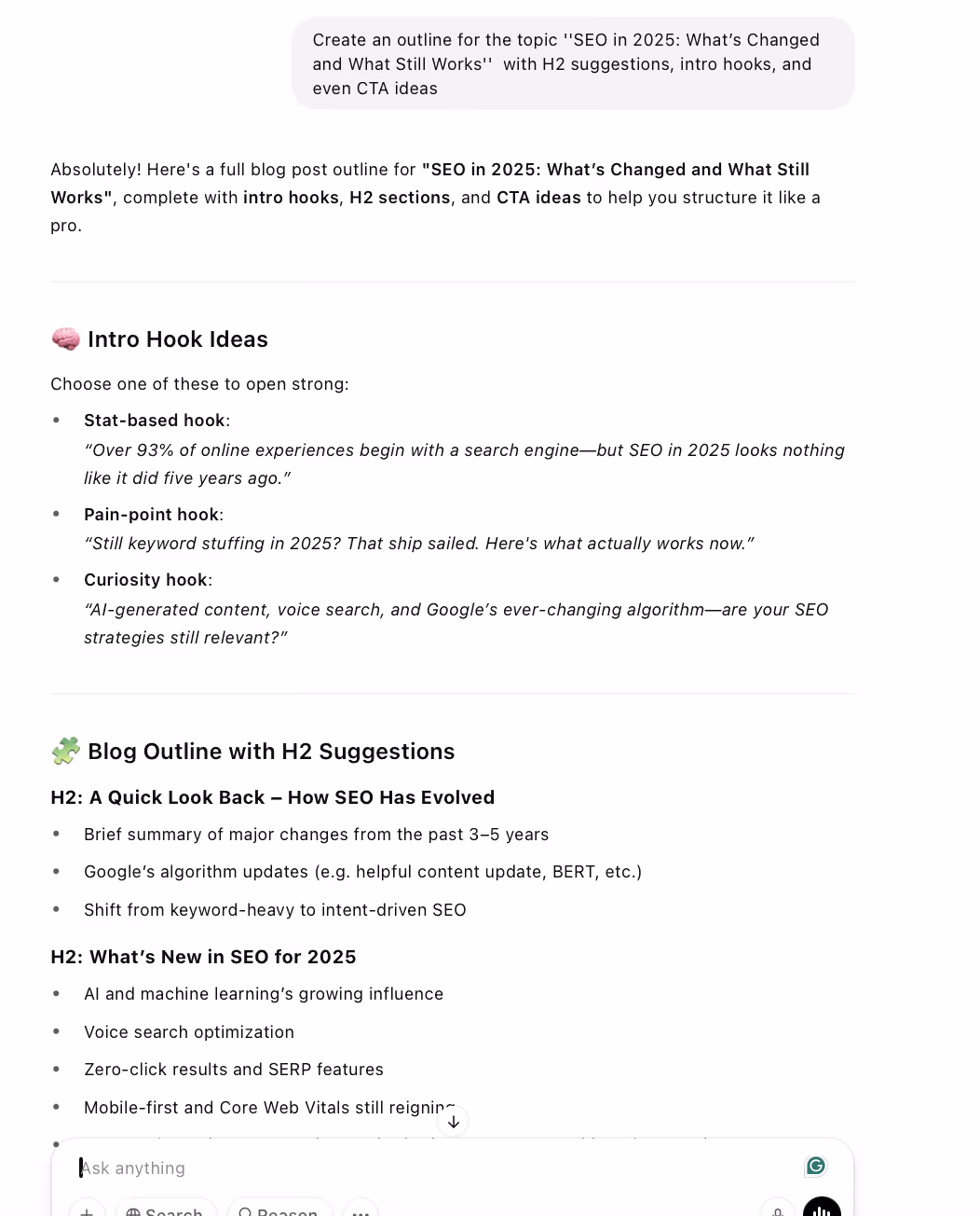 Blog outline for SEO in 2026 with headings, intro ideas, and CTAs.