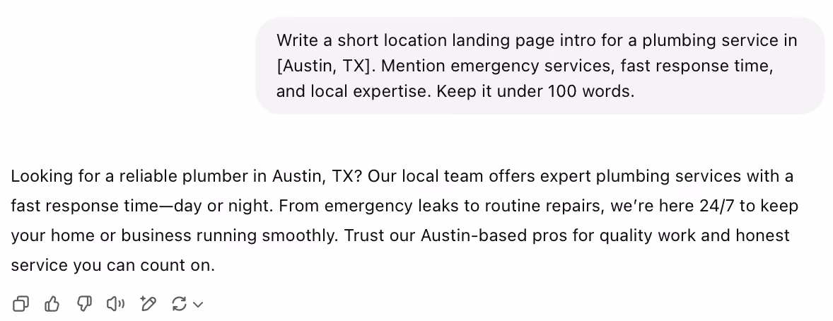 Screenshot of a brief plumbing service intro for Austin, TX, emphasizing local expertise, 24/7 emergency services, and quick response time.