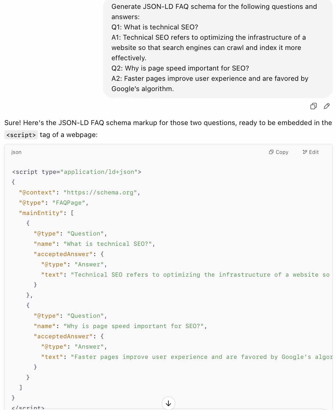 Screenshot of structured data markup in JSON-LD format, featuring FAQ schema for two SEO-related questions and answers.