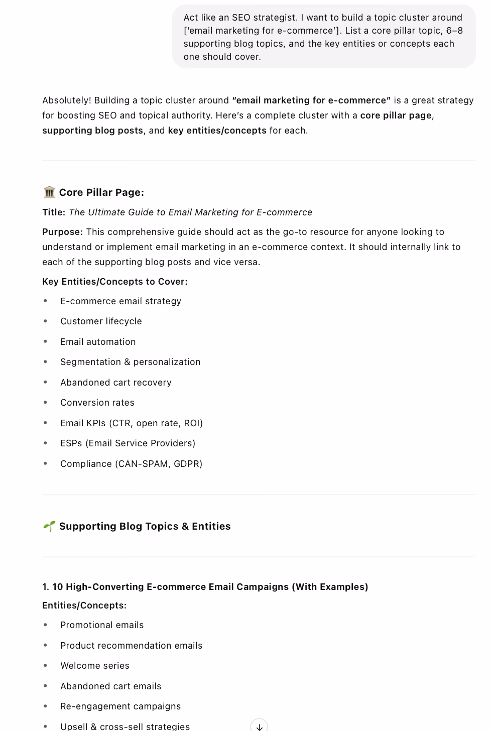 Screenshot showing an SEO topic cluster built around "email marketing for e-commerce" with a pillar page and blog post ideas, including key entities and concepts.