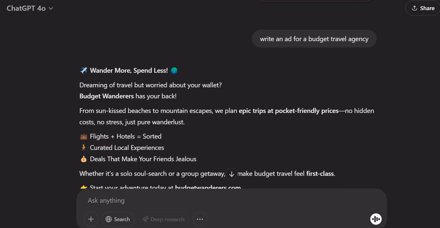 Image showing ChatGPT generating creative ad copy, highlighting catchy headlines and emojis