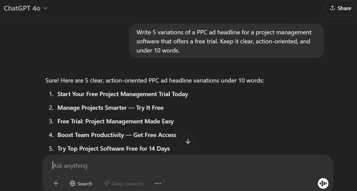 Image showing ChatGPT generating five clear, action-oriented PPC ad headlines