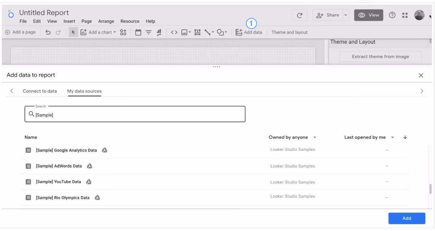 Looker Studio showing sample data sources selection screen during report creation